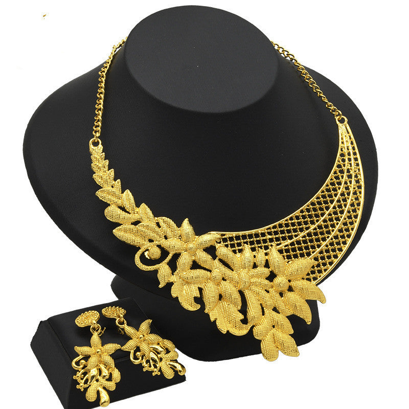 24K Gold Plated Jewelry Set for Women - Indian Middle Eastern Ethnic Necklace and Earrings Suit with Floral Design Alloy Water Wave Chain