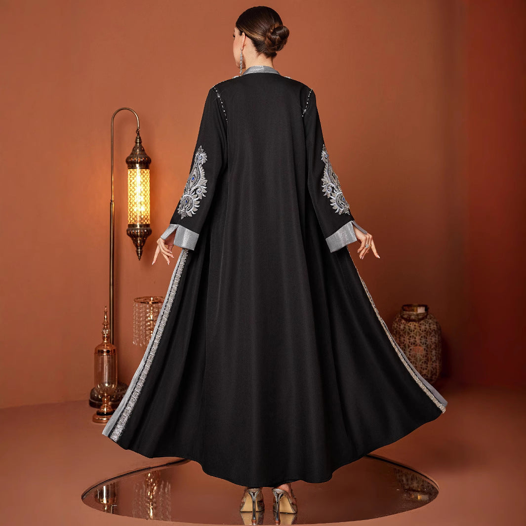 Plus Size Handmade Rhinestone Abaya – Black Embroidered Beaded Robe for Women (S–XXL)