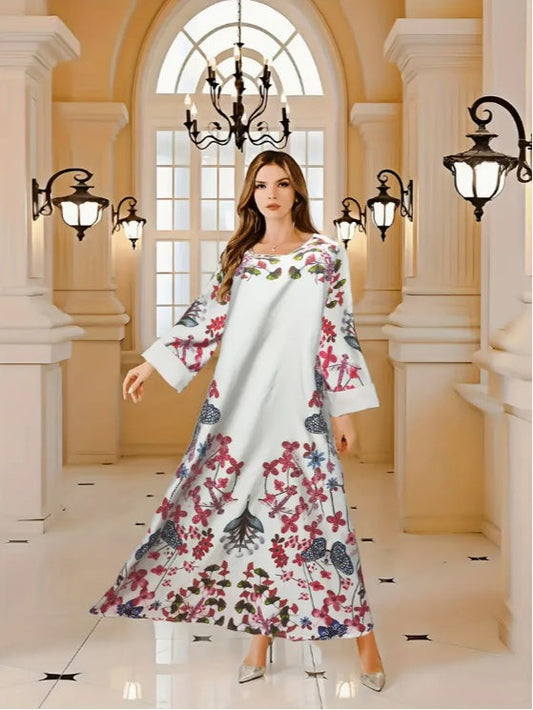 Elegant Floral Print Long Sleeve Abaya Dress