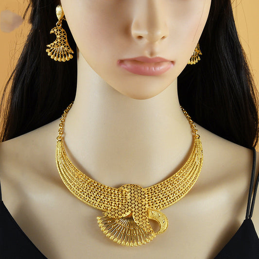24K Gold Plated Jewelry Set for Women - Indian Middle Eastern Ethnic Necklace and Earrings Suit with Floral Design Alloy Water Wave Chain