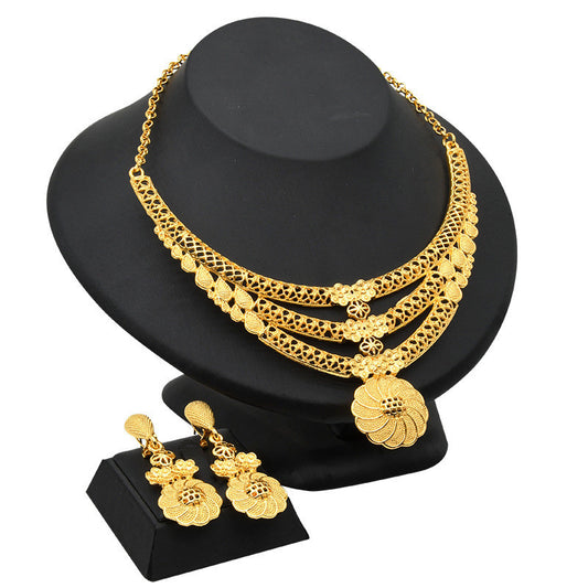 24K Gold Plated Jewelry Set for Women - Indian Middle Eastern Ethnic Necklace and Earrings Suit with Floral Design Alloy Water Wave Chain