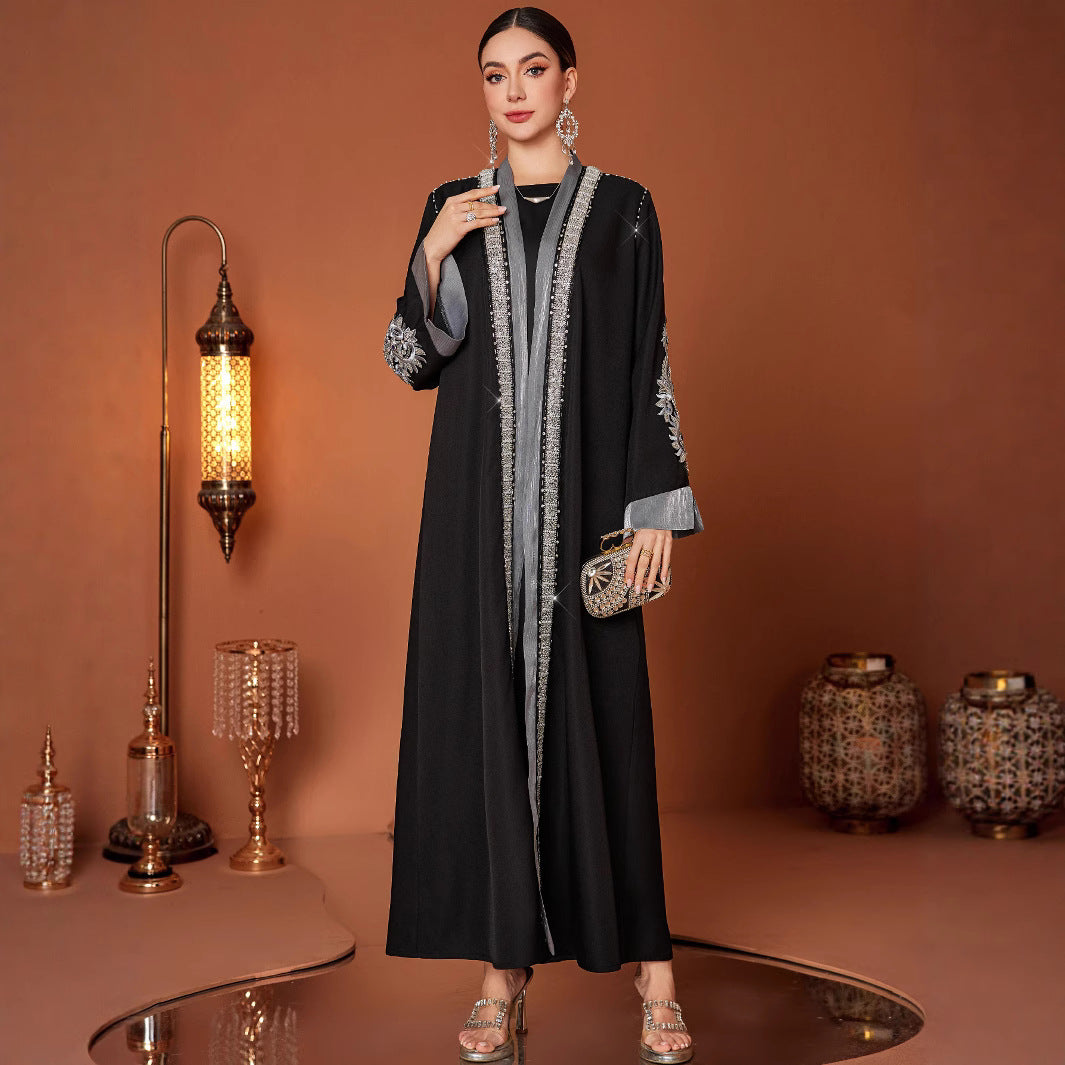 Plus Size Handmade Rhinestone Abaya – Black Embroidered Beaded Robe for Women (S–XXL)