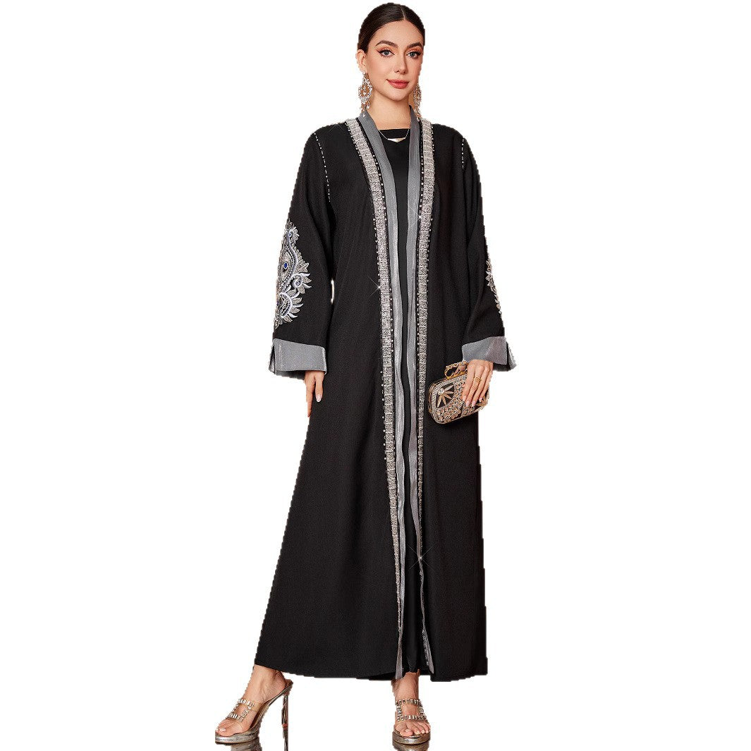Plus Size Handmade Rhinestone Abaya – Black Embroidered Beaded Robe for Women (S–XXL)