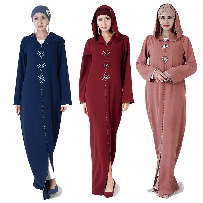 Dubai Turkish Muslim Hijab Dress – Beaded Rhinestones | Hand-Stitched Abaya for All Seasons